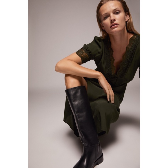 Zara Blogger’s Favorite Olive Green Vintage Lace V-Neck Button Down Midi Dress - Picture 5 of 16